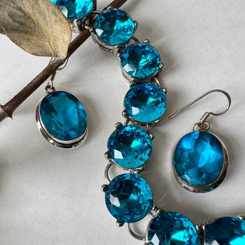 Aqua Blue Crystal Sterling Silver Jewelry Set